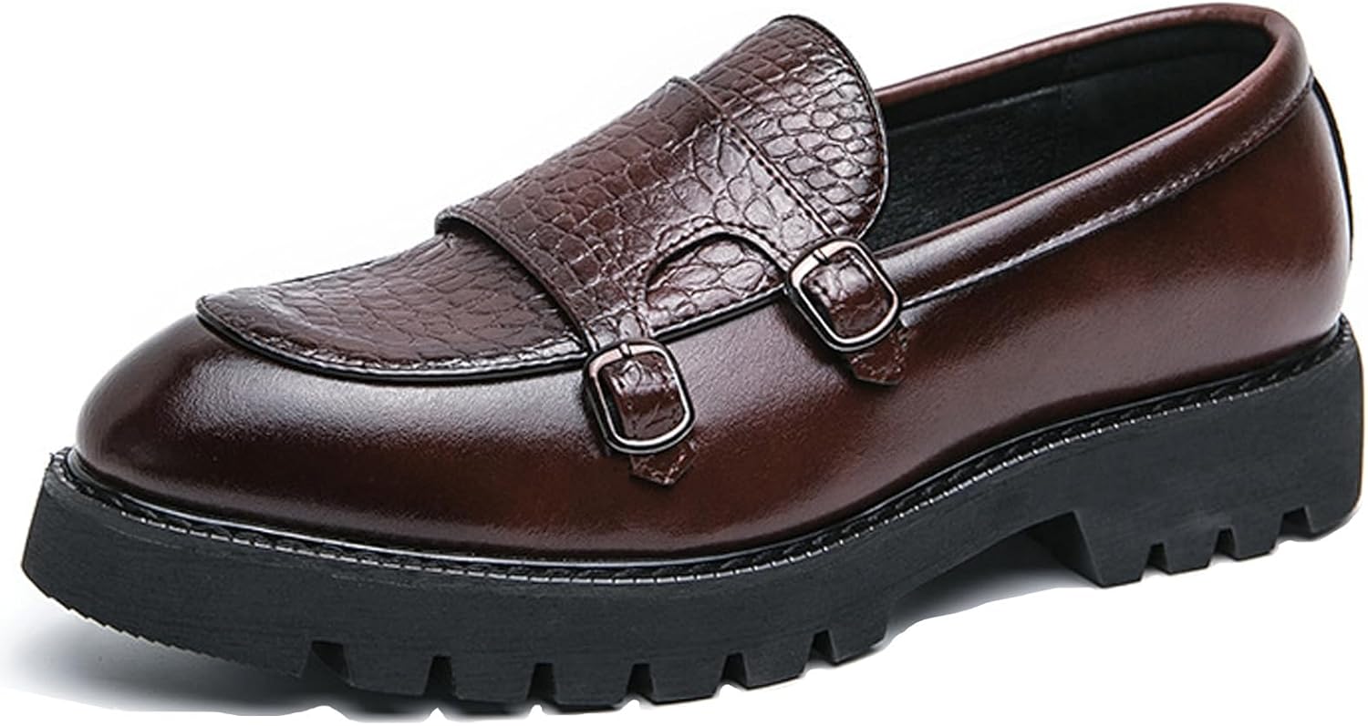 

Мужские лоферы с двойным ремешком-монком на массивной подошве, стильные классические туфли на платформе, кожаные деловые туфли для формальных мероприятий, вечеринок или работы Wyuetra, коричневый