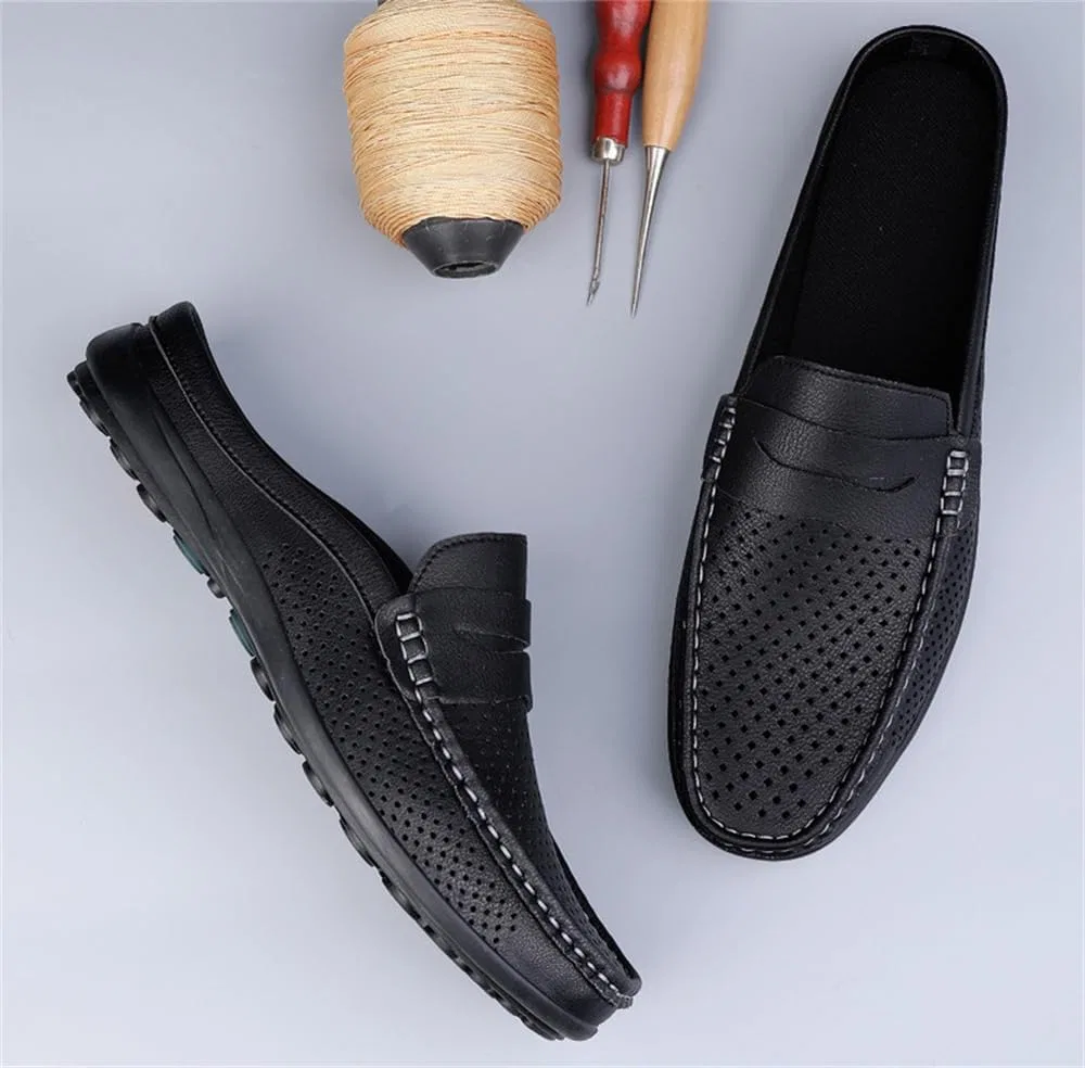 Лоферы кожаные Men's Slippers Summer Breathable Slip-On Loafers Leather Formal Wear Casual Open Back Business Casual Shoes Men's Driving Shoes, черный Abborora — фото 3