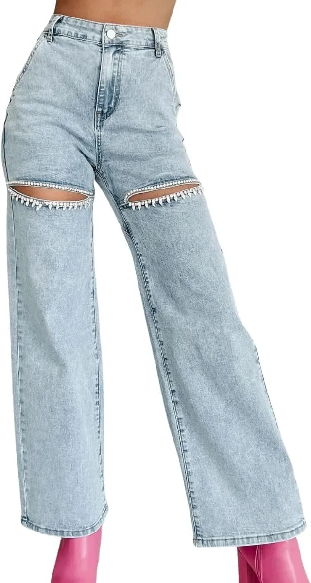 

Женские джинсы High Waist Straight Wide Leg Y2K с вырезами и стразами XQR
