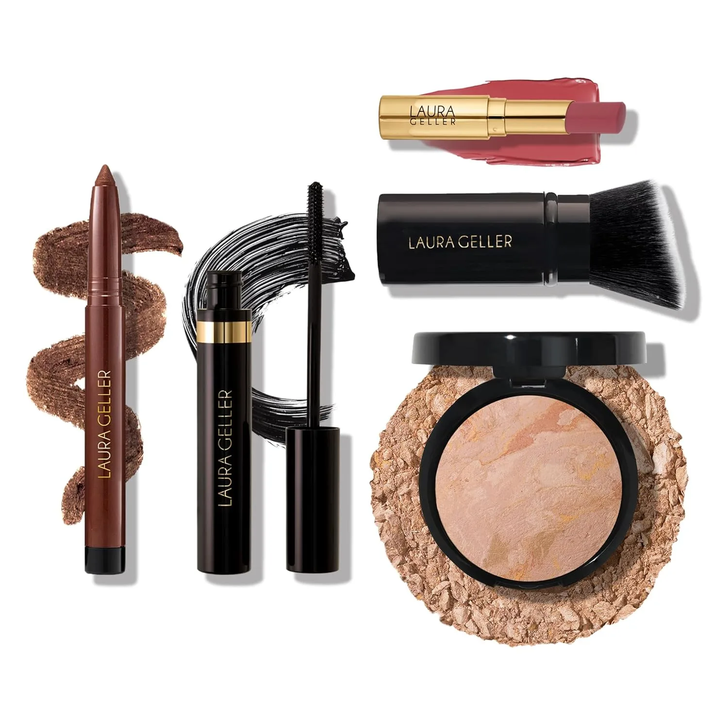 Набор Finishing Touches: тональная пудра Baked Balance-n-Brighten, Fair + кисть Airbrush Kabuki + бальзам для губ Jelly Balm Tinted Lip Balm, Figger Than Life + карандаш для глаз Kajal Eyeliner, Dark Brown + тушь Kajal Mascara Laura Geller, pink...