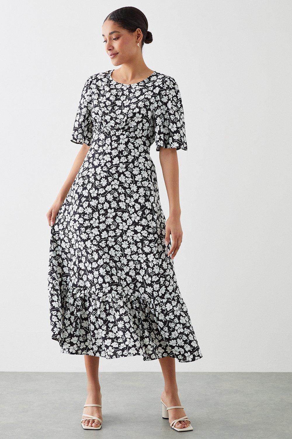 

Платье миди с монохромным цветочным принтом и развевающимися рукавами Dorothy Perkins, мультиколор