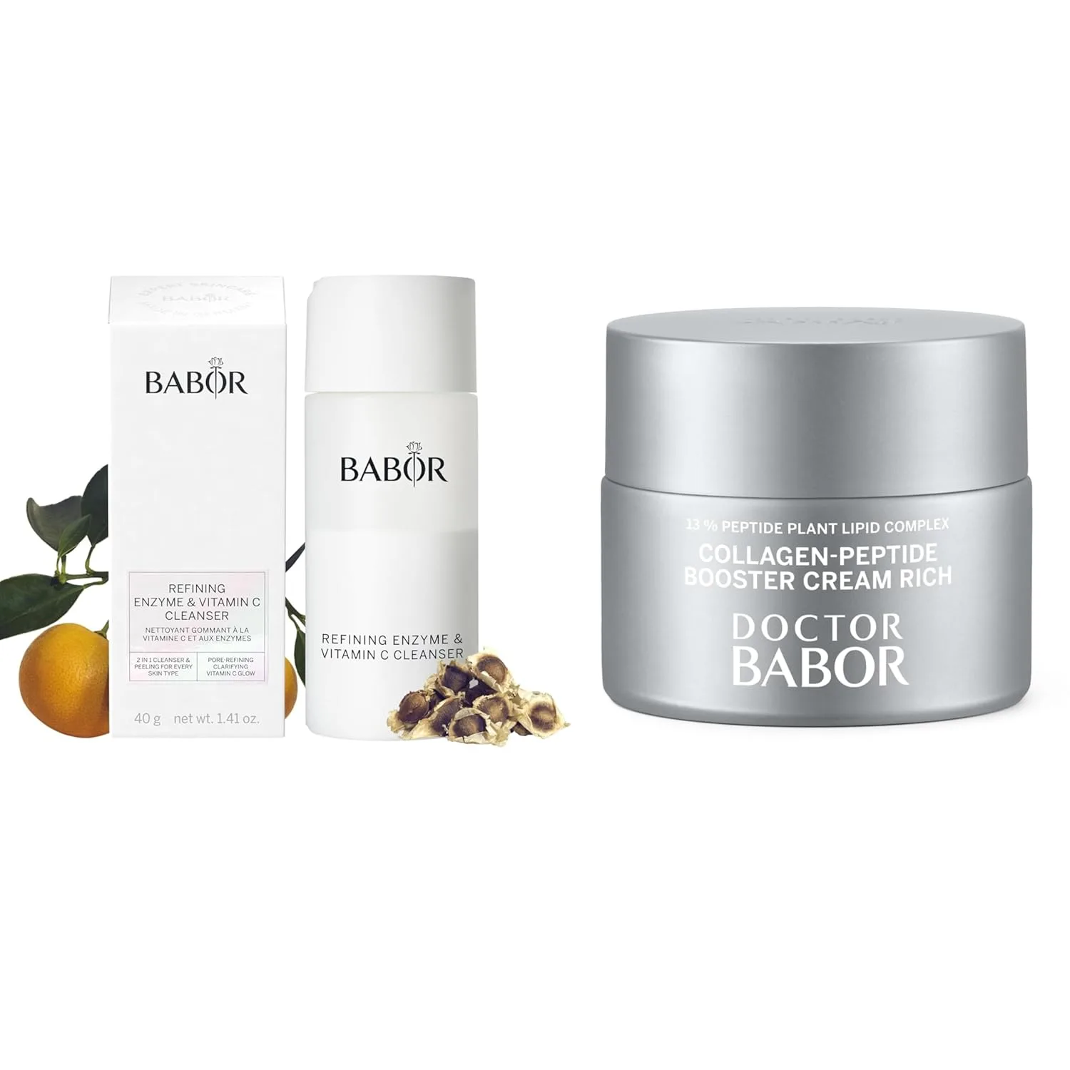 BABOR Luxury Face Routine - Collagen Peptide Booster Cream Rich - Refining Enzyme & Vitamin C Cleanser - Hydrate Skin & Strain Colour - 1.69 oz / 2.82 oz