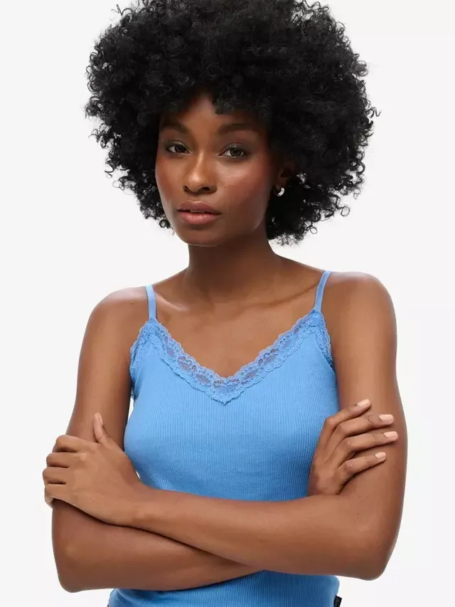 Топ из органического хлопка с ребристой кружевной отделкой Superdry, Blue Marl — фото 2