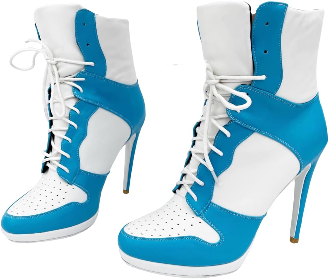 

Женские и мужские ботильоны на высоком каблуке Frankie Hsu Stiletto Sport Basketball, повседневные бело-голубые кроссовочного стиля, большие размеры, дизайнерские шнурованные короткие ботинки