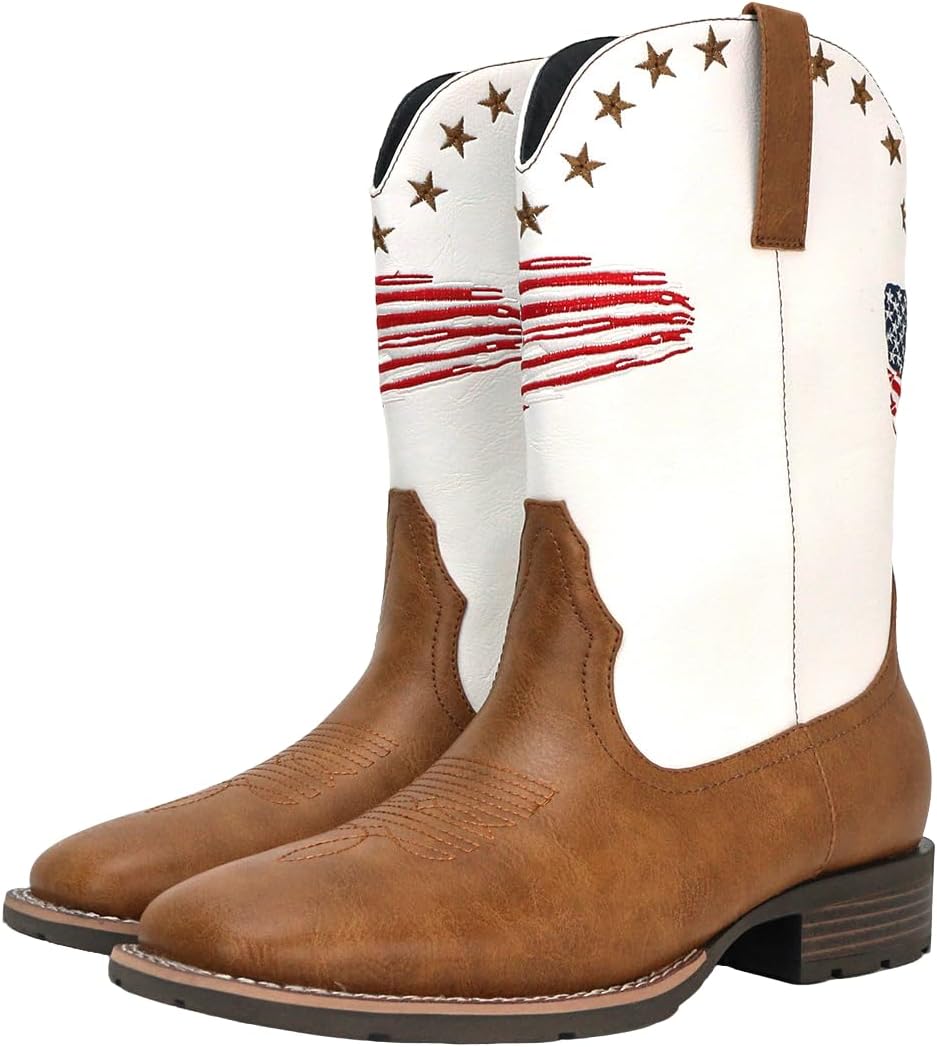 

Мужские ковбойские сапоги Santimon в западном стиле с вышивкой американского флага, сапоги Roper на среднюю голень, белый