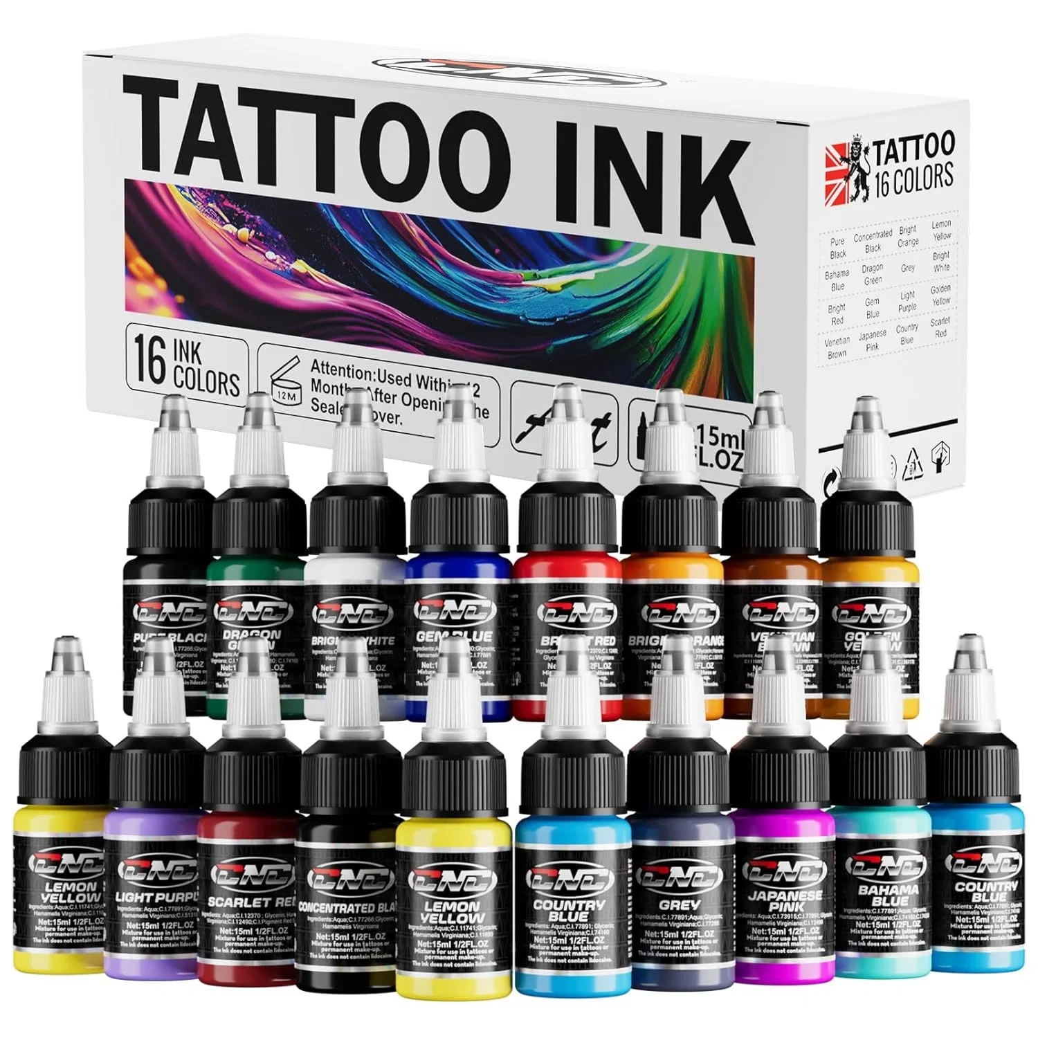 Набор из 16 базовых цветов тату-чернил по 15 мл от CNC Tattoo Colour Set Cnc