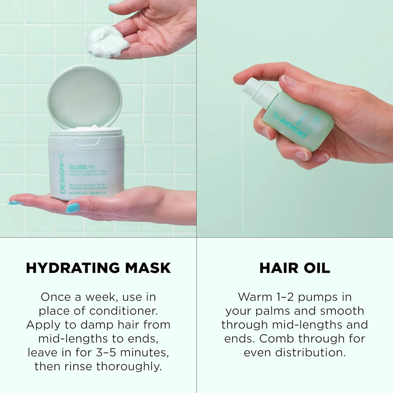 Design.Me GLOSS.ME Hydration Boost Duo: маска для глубокого кондиционирования и аргановое масло для волос, для сухих и непослушных волос, color safe — фото 4