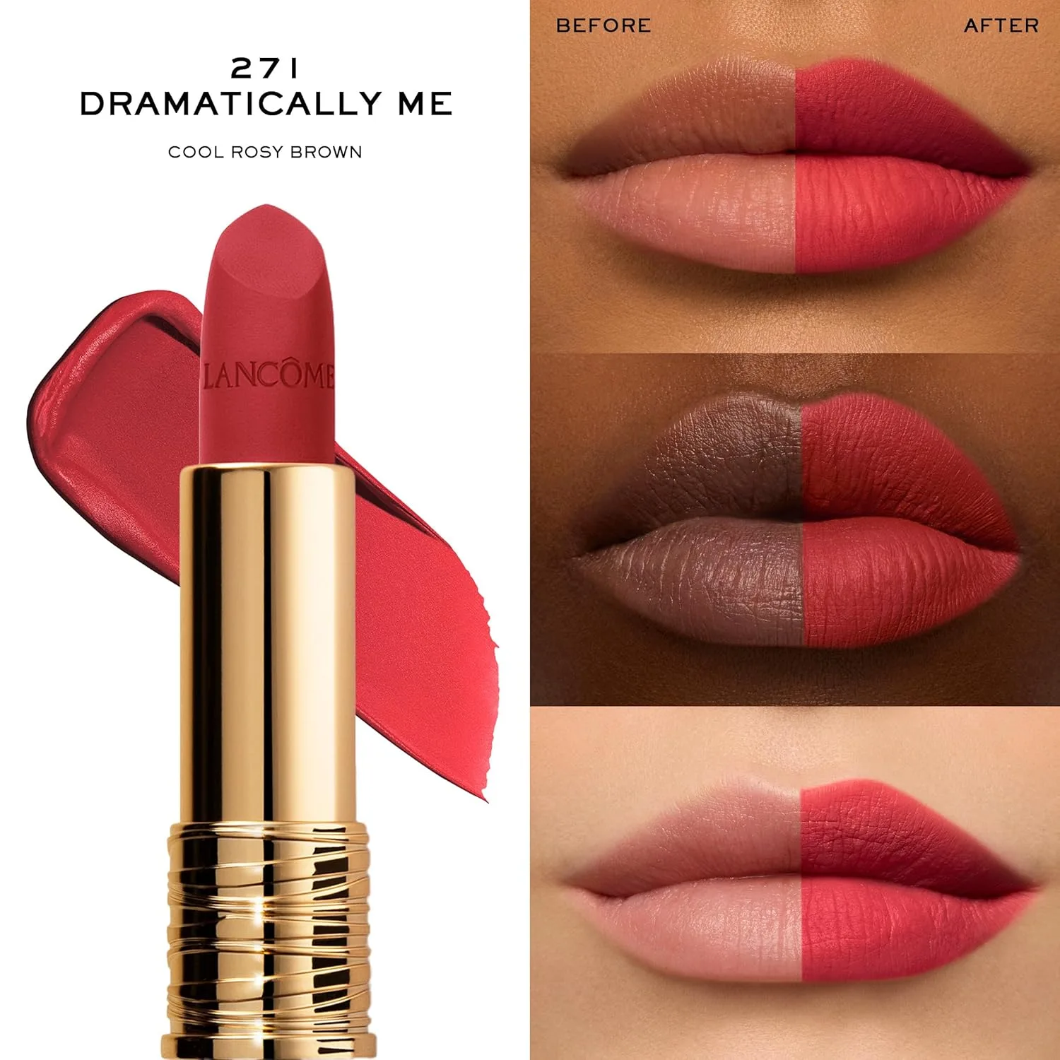 Матовая помада Lancôme L'Absolu Rouge Drama, ультраматовое покрытие, 8-часовое покрытие, керамиды, гиалуроновая кислота, экстракт розы для увлажнения и комфорта, стойкая к размазыванию., 271 Dramatically Me — фото 3