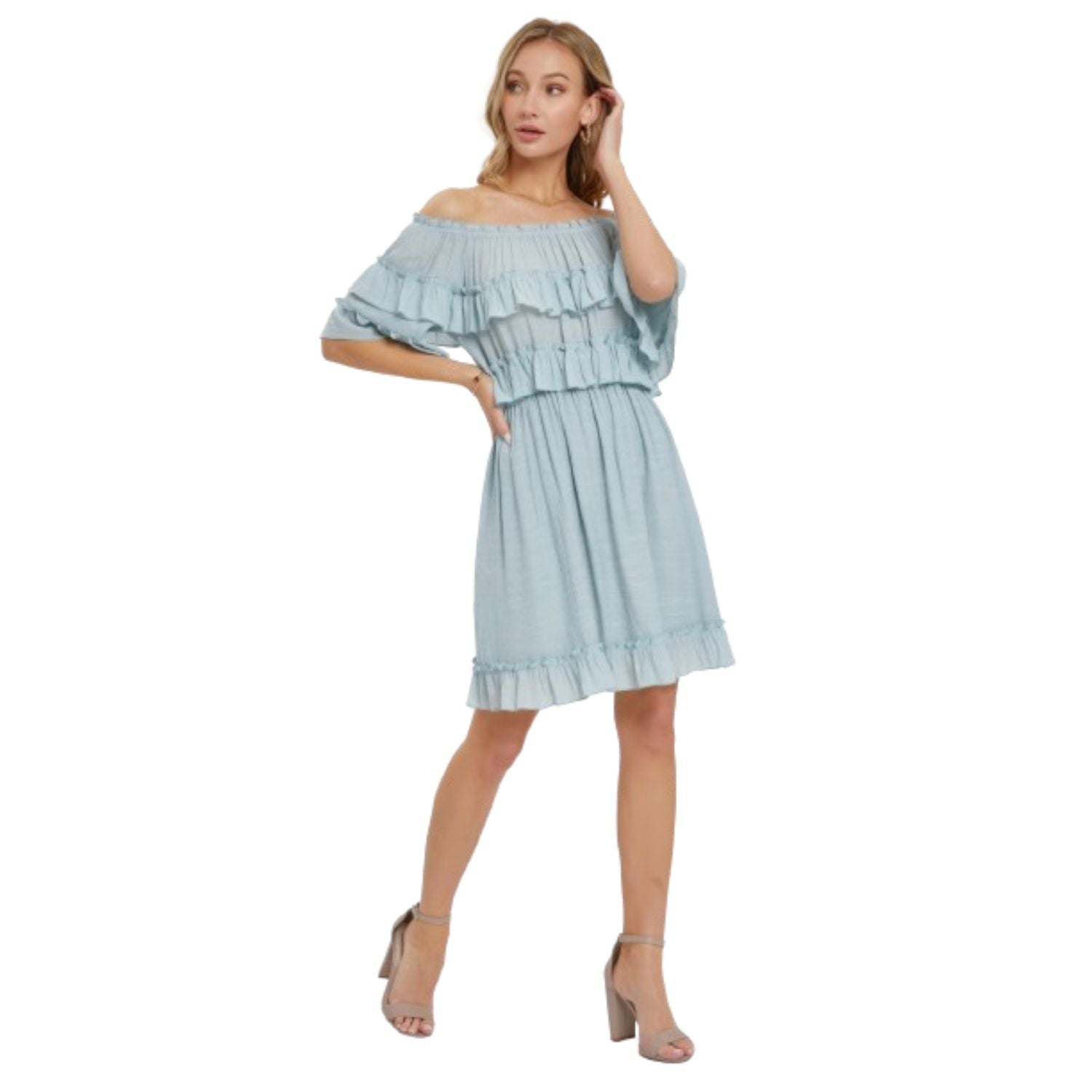 

Платье с открытыми плечами и оборками FASHNZFAB, цвет misty blue