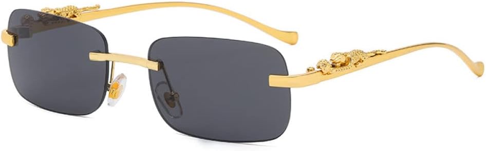 

Солнцезащитные очки без оправы, прямоугольные, винтажные, металлические, с изображением головы леопарда, модные, без оправы, тонированные, для женщин и мужчин. 2027 год MTZJH, Gold Black