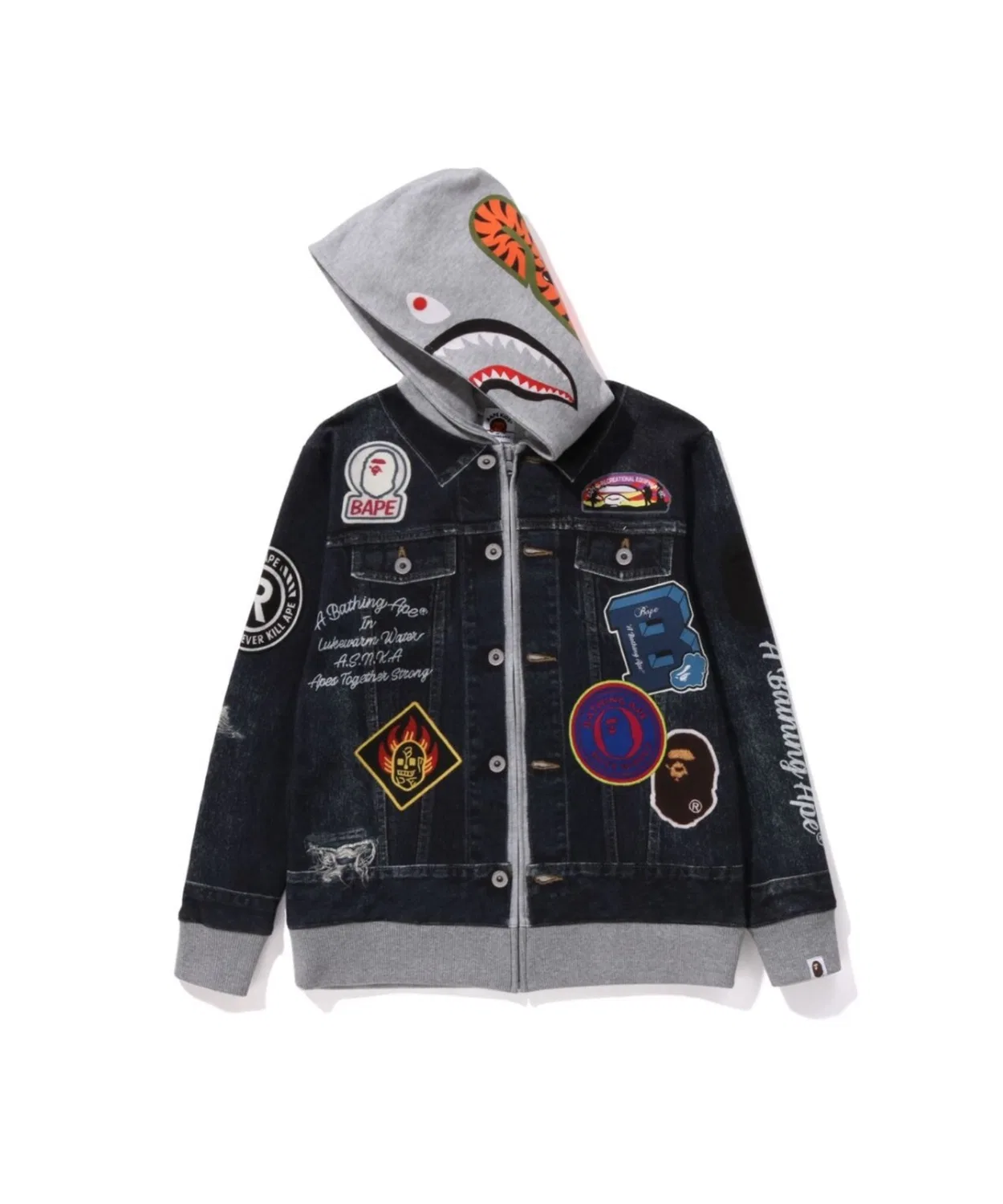 Худи-оверсайз с принтом джинсовой куртки BAPE Shark, темно-синий — фото 2