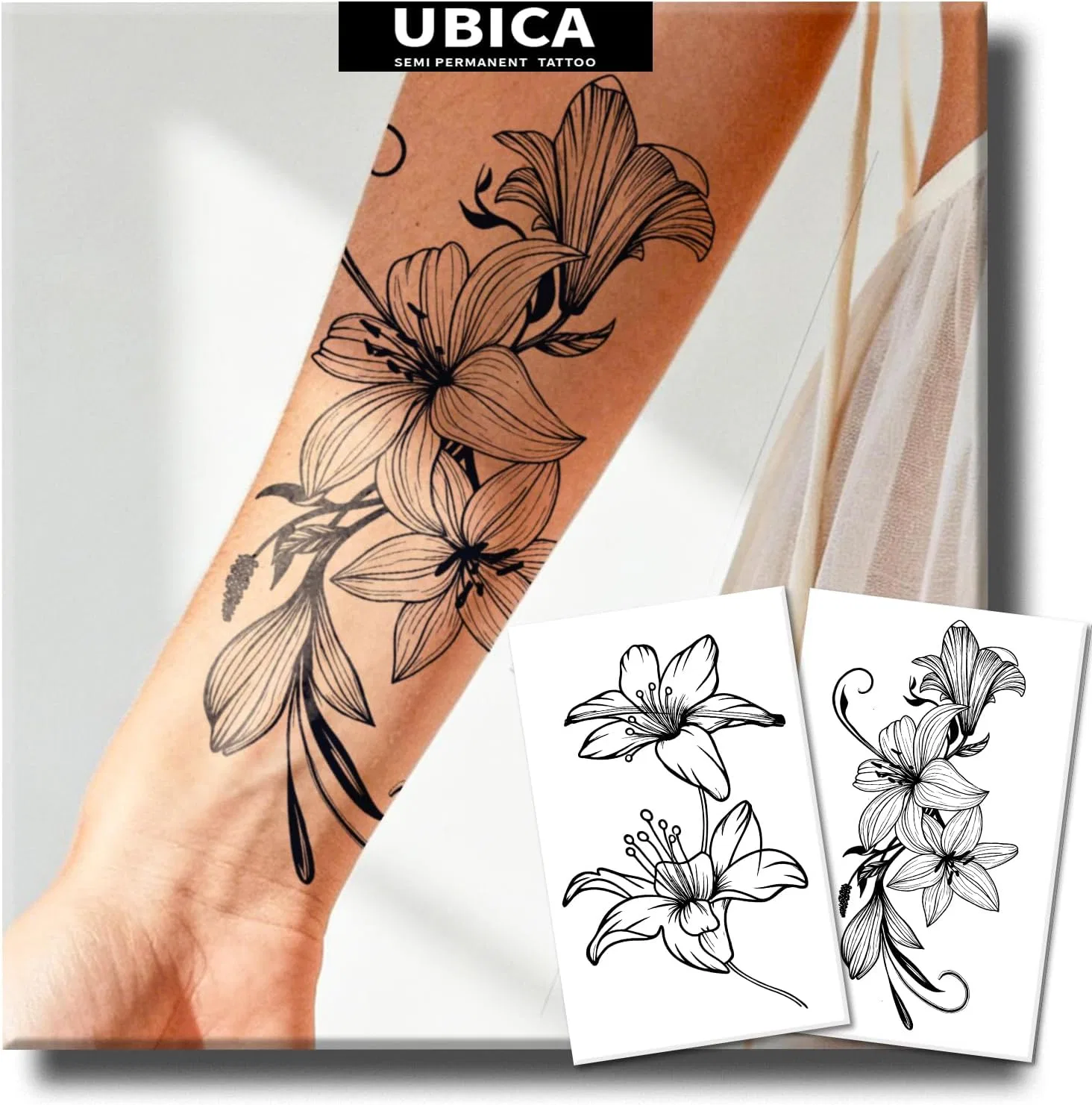 Временная татуировка с лилией UBICA, 2 листа, черный