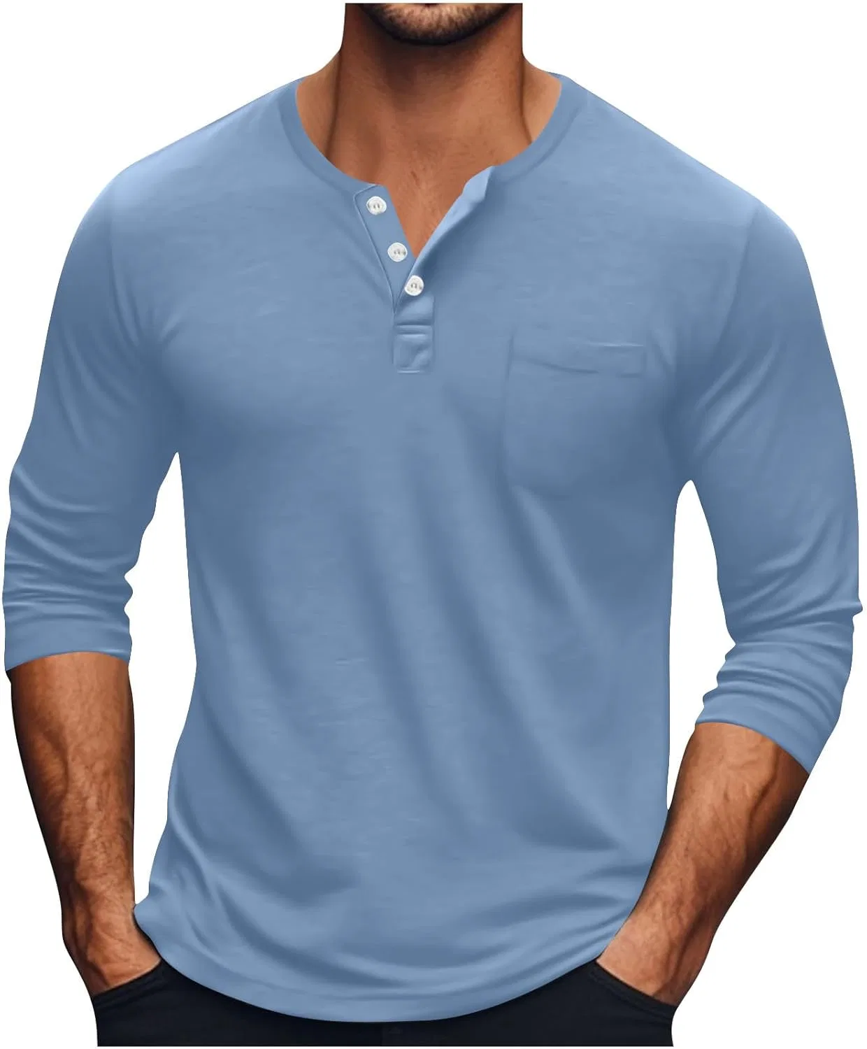 Футболка с длинным рукавом, хлопковая, с карманом, Light Blue