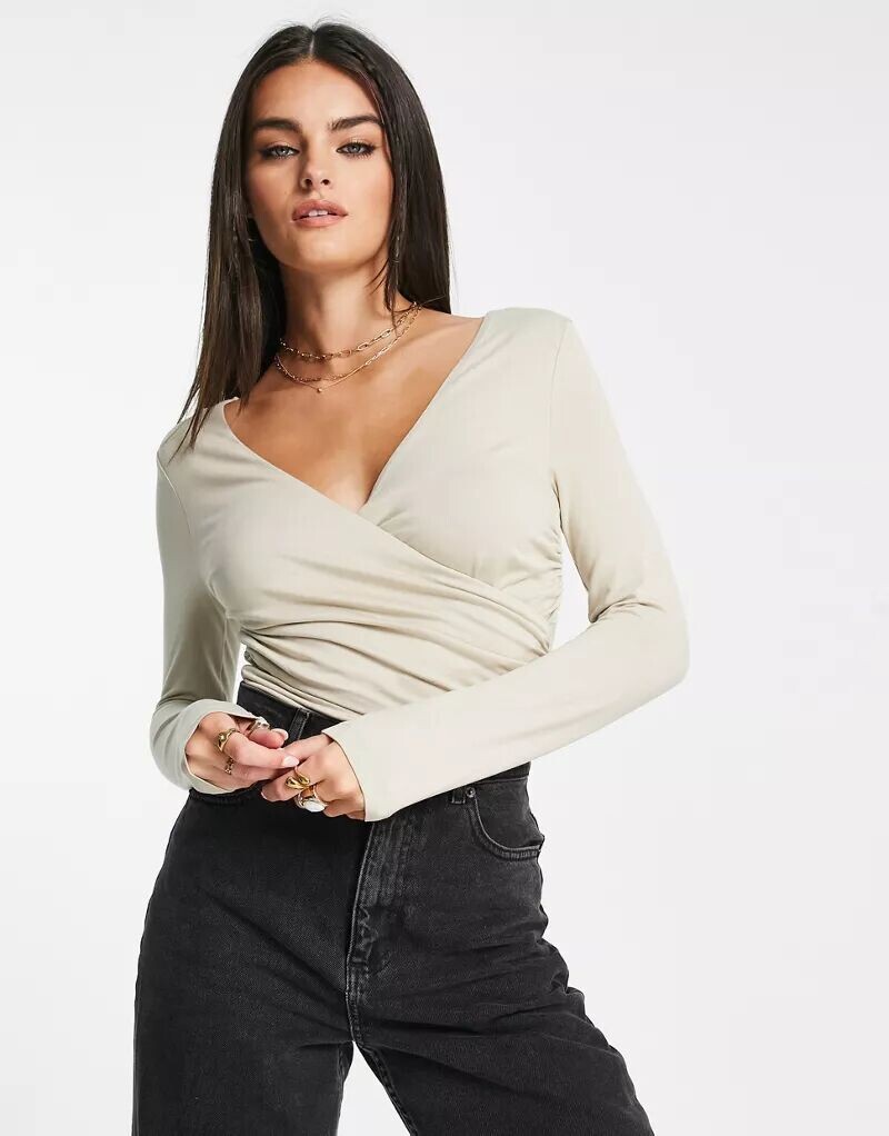 

Каменное боди с длинными рукавами и запахом ASOS