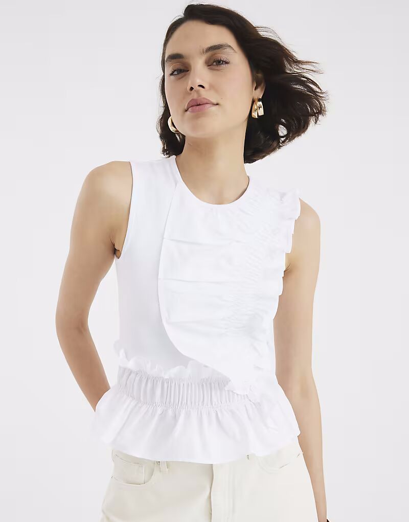 

Топ River Island из поплина без рукавов с оборками белого цвета