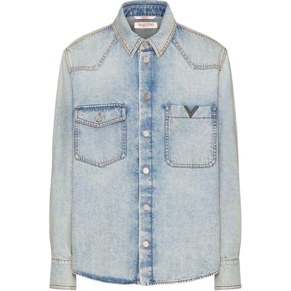 

Длинная джимовая рубашка с нашивкой логотипа Valentino, синяя