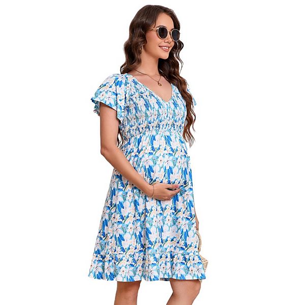 

Женское платье для беременных с v-образным вырезом, присборенными короткими рукавами, в стиле бохо с рюшами и расклешенным силуэтом, миди Seoria, Lily Flower