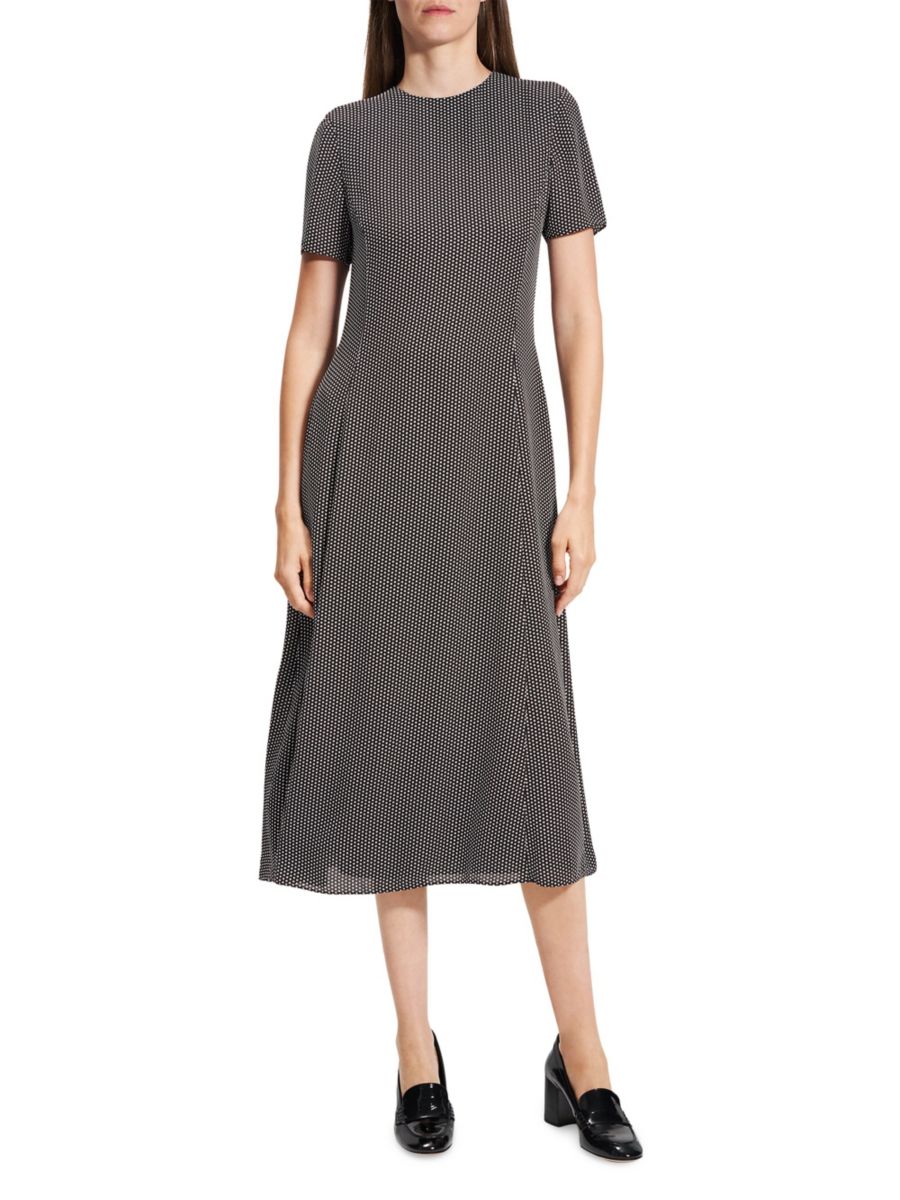 

Платье миди Birdseye А-силуэта с расклешенным лифом Theory, черный мульти