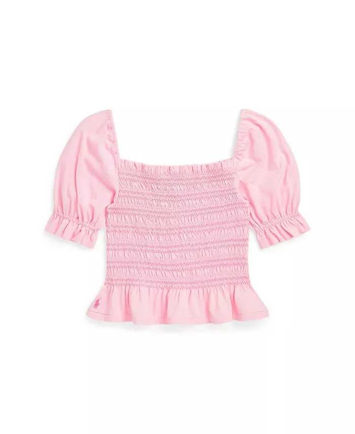 

Топ с плиссированной кокеткой и баской Big Girls Polo Ralph Lauren, розовый