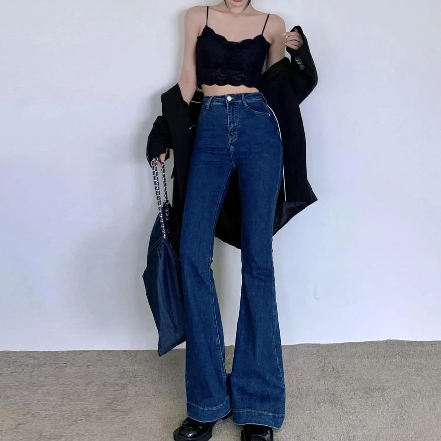 Джинсы для женщин Bell Bottom High Waisted Fitted Slight Destroyed Retro Wide Leg Oversize — фото 3