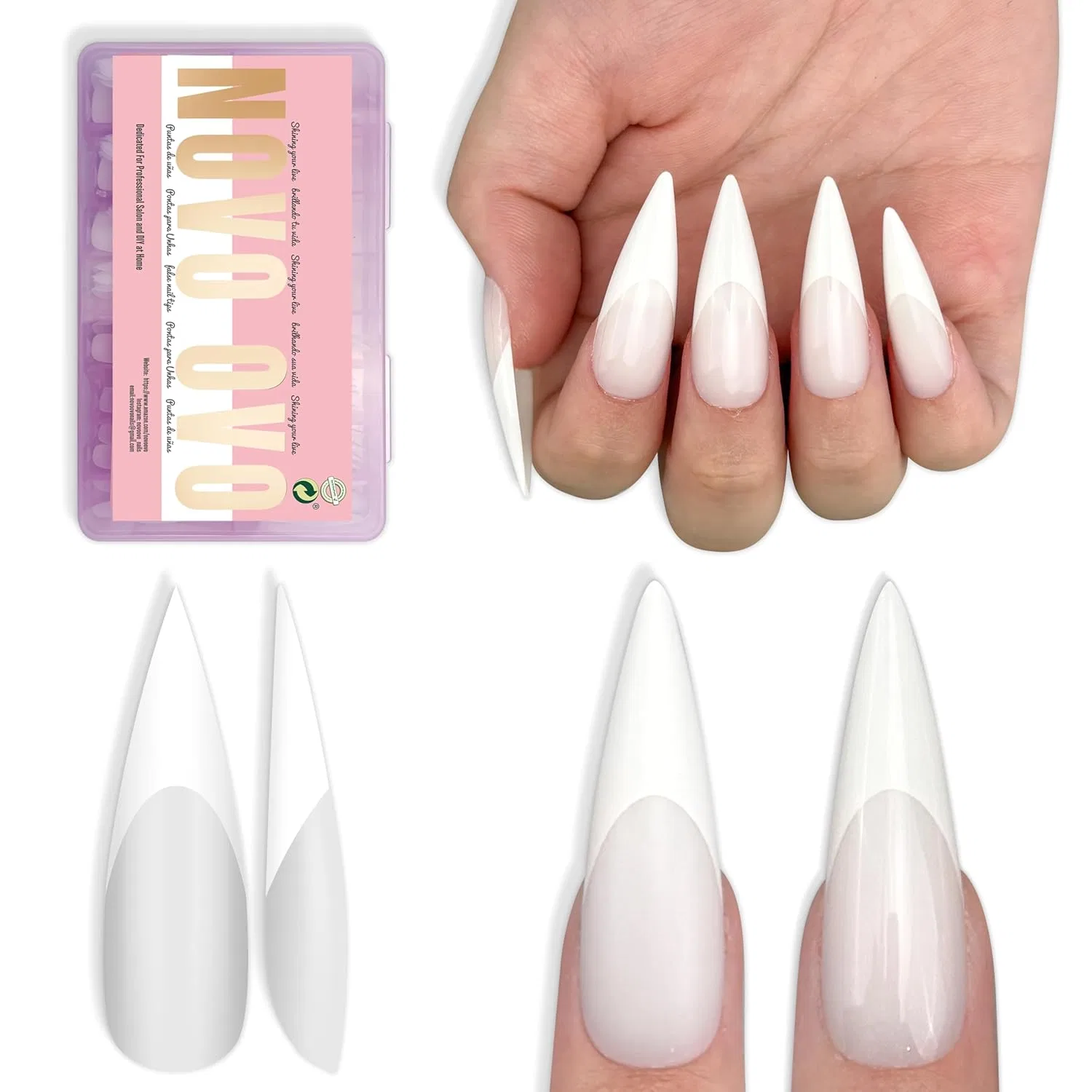 Длинные накладные ногти «French Tips Long XL» от NOVO OVO Novo Ovo, Long Xl White French Tip Sharp Stiletto Nail Tips Milky White_Eu