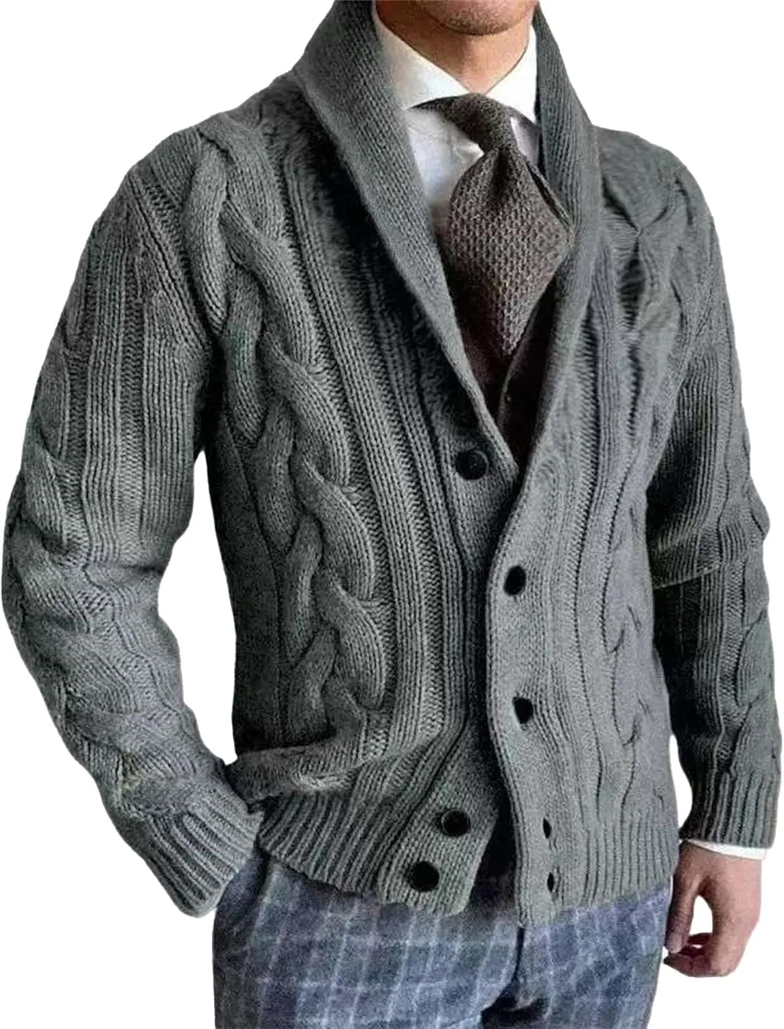 

Мужской кардиган с воротником-стойкой и кабельной вязкой Maiyifu-GJ