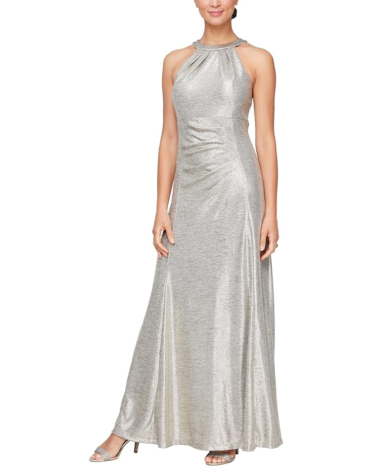 

Платье Alex Evenings Metallic Knit Long Halter Neck with Ruched Waist, цвет Champagne