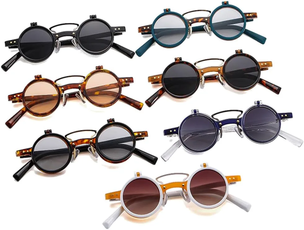 

Круглые панк-солнцезащитные очки для женщин и мужчин с двойной перемычкой, защитой от УФ-излучения UV400, откидными линзами и заклепками UYPTK, Black Grey