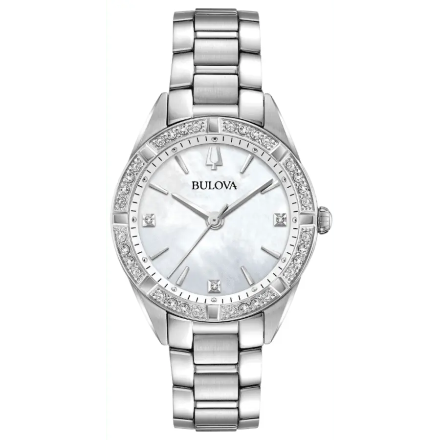 

Бульова Саттон с бриллиантами белый перламутровый циферблат из нержавеющей стали женские часы 96R233 Bulova