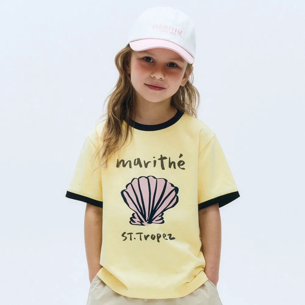 Детская футболка с графическим принтом Color Block Shell жёлтая от Marithé Kids