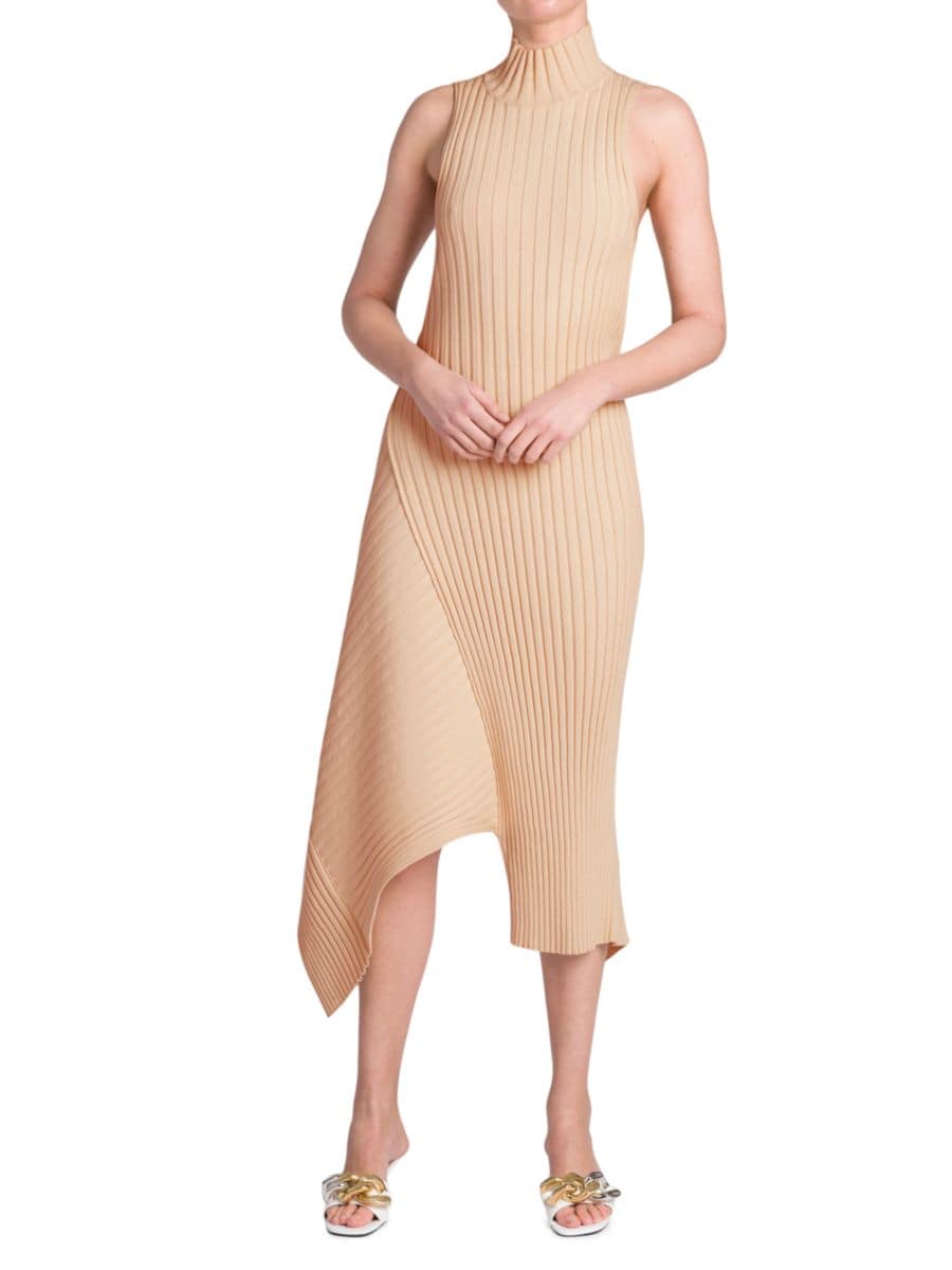 

Платье из хлопкового трикотажа в рубчик с высоким воротом Stella McCartney, цвет Light Camel