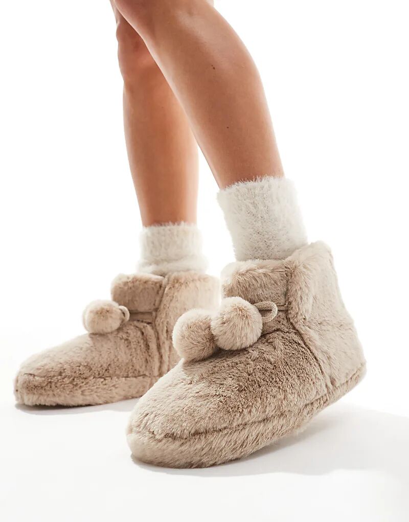 Женские тапочки ASOS DESIGN Zyla из искусственного меха с помпонами, бежевый