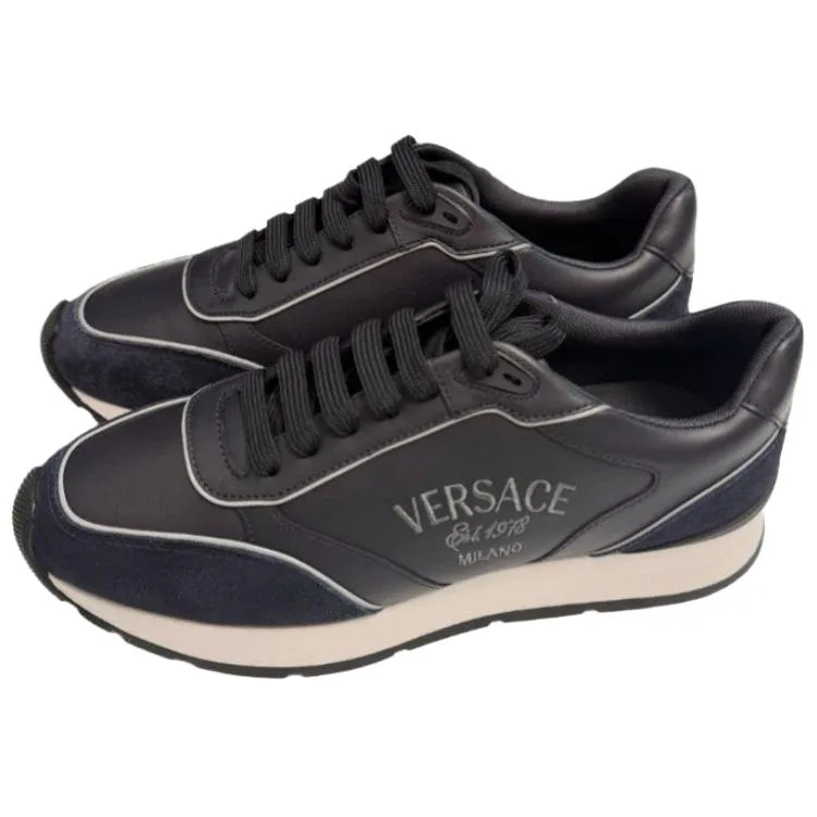 VERSACE Кожаные низкие кроссовки мужские синие — фото 3