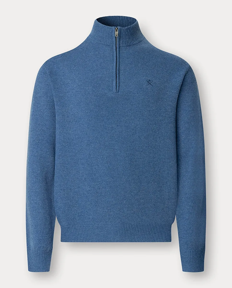 

Мужской однотонный свитер с полу-молнией и вышитым логотипом Hackett, синий