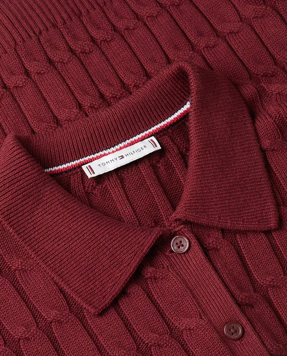 Женский вязаный кардиган с косами и воротником-поло Tommy Hilfiger, бордовый — фото 3