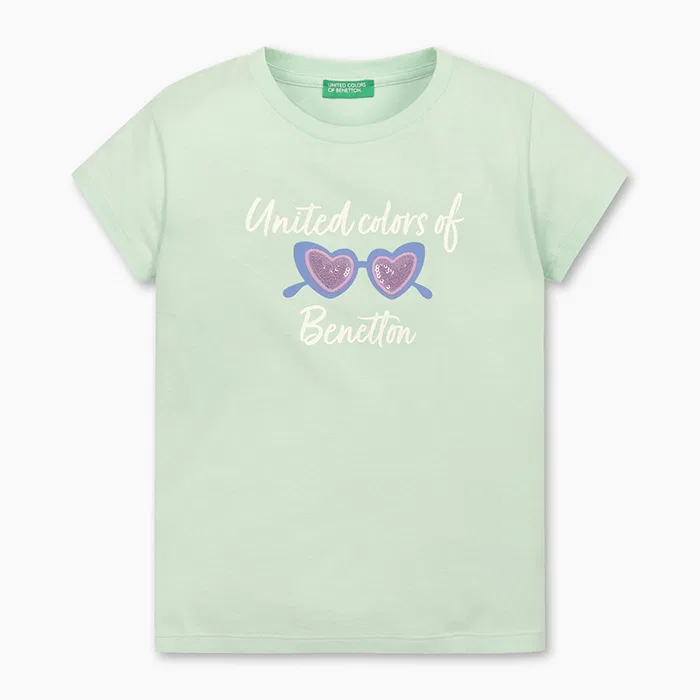 Детская мятная футболка с блестящим акцентом от Benetton Kids
