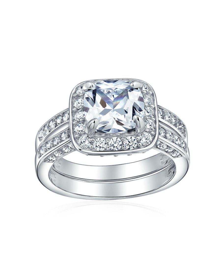 

Кольцо-обручальное кольцо из стерлингового серебра с фианитами огранки подушка весом 2 карата и двойным паве с трех сторон Bling Jewelry, Colorless