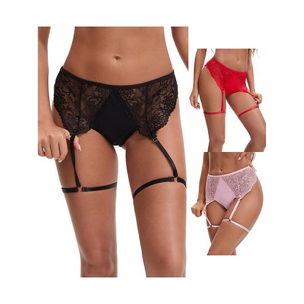 

3 пачки женских кружевных трусиков-шортиков с перфорацией и регулируемыми подвязками Inspire Chic, Black Pink Red