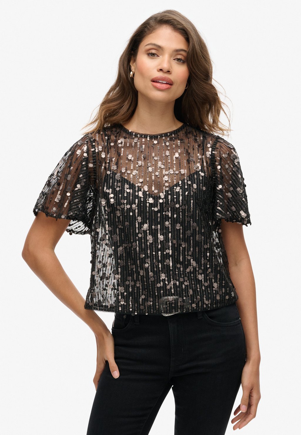 

Блуза SHEER SHORT SLEEVE SEQUIN Superdry, светло-серый