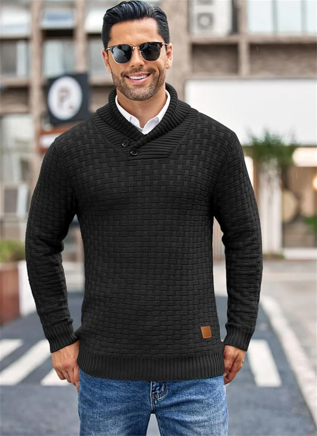 Мужской свитер с воротником шаль и кабельной вязкой, Slim Fit — фото 2