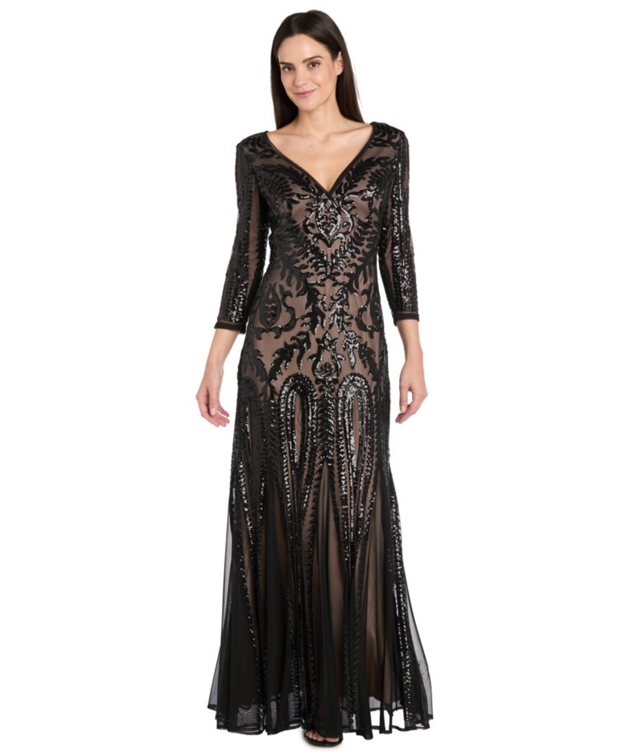 

Женское платье с рукавами 3/4 и V-образным вырезом R & M Richards, Black/Nude