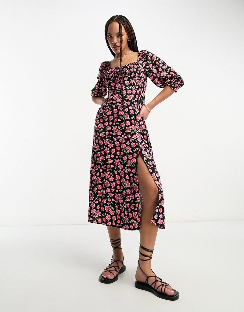 

Красное платье миди с длинными рукавами и цветочным принтом Miss Selfridge