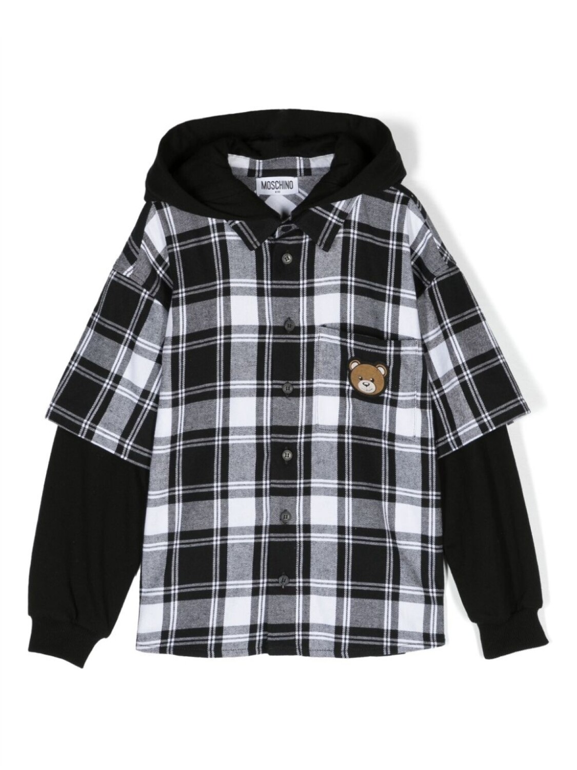 

Moschino Kids клетчатая рубашка с капюшоном и нашивкой Teddy Bear, черный