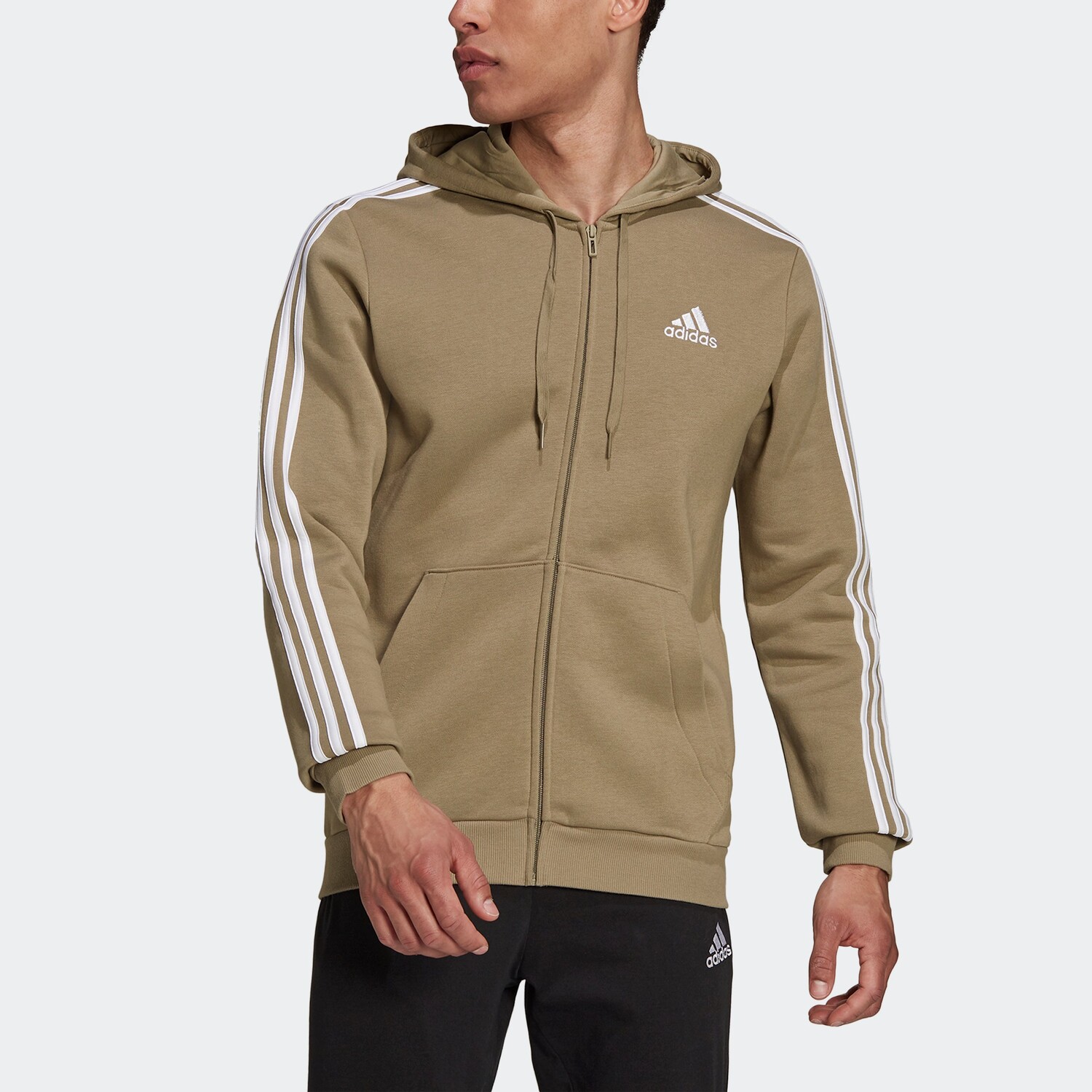 

Мужская флисовая худи с тремя полосками и молнией во всю длину adidas Essentials, цвет Orbit Green / White