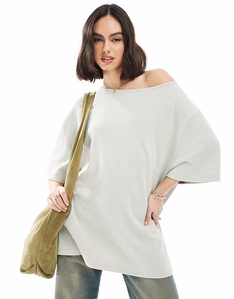 

Футболка ASOS DESIGN с вафельным узором и открытыми плечами, свободного кроя, стираного шалфейного цвета