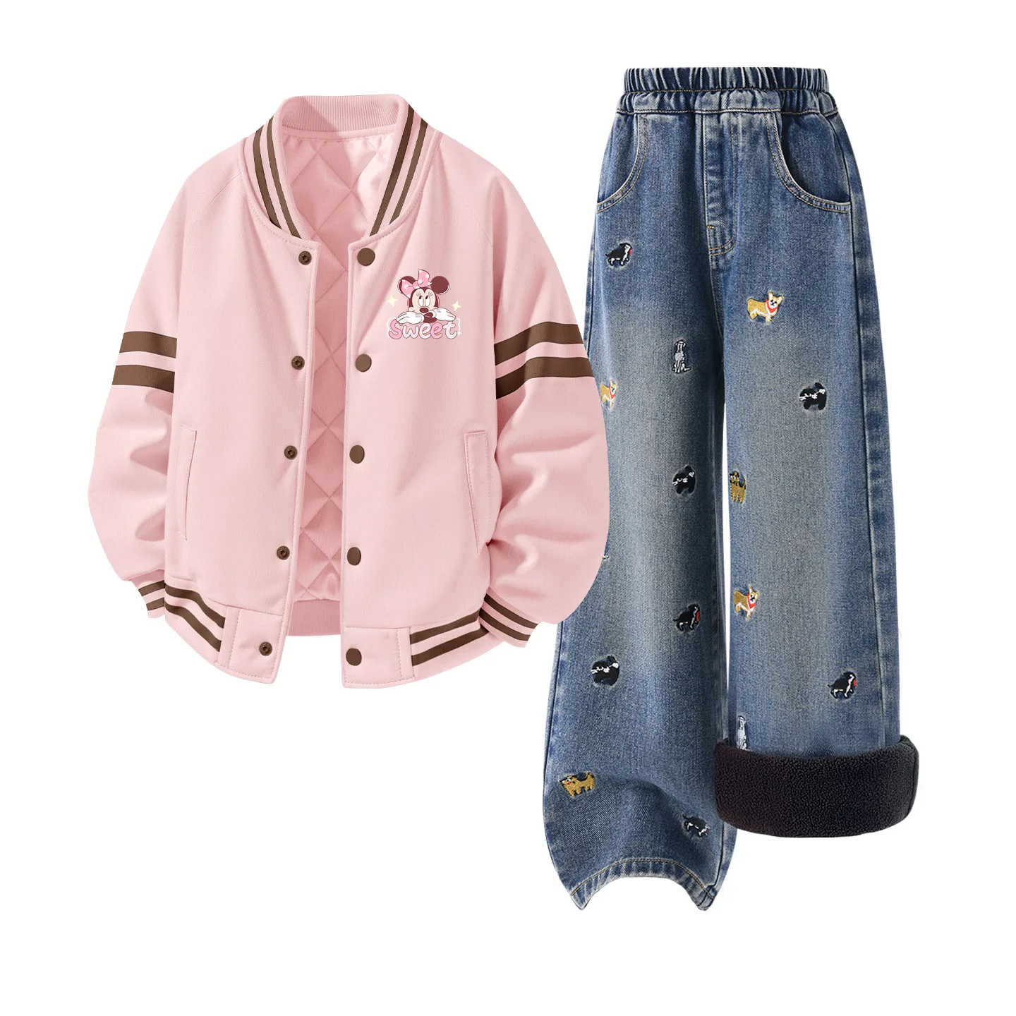 Детский спортивный костюм с воротником-стойкой на флисе Disney, [Thickened and Fleece-Lined]Di Xin Jie Ni K Lotus Pink+Solid Color Denim Blue — фото 3