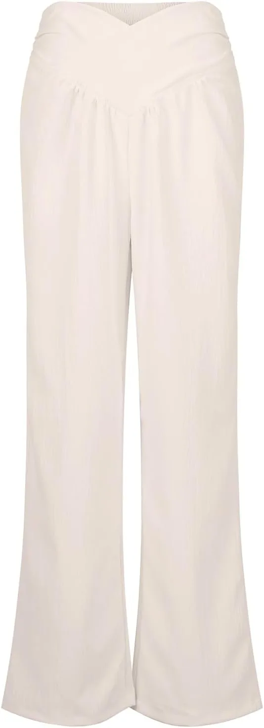 Льняные брюки прямого кроя для женщин, льняные брюки широкого кроя для женщин, повседневные брюки свободного кроя, брюки с высокой талией и завязками Generic, хаки — фото 3