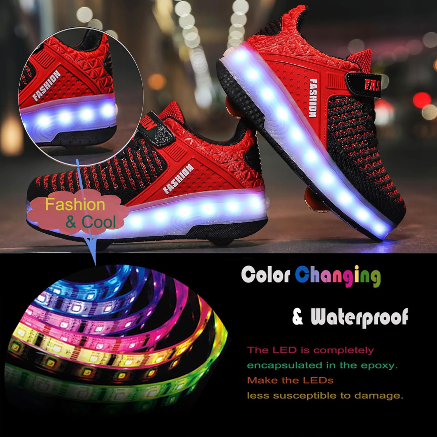 Детские роликовые кроссовки Aikuass с USB-подзарядкой и светящейся LED-подсветкой для мальчиков и девочек, красный — фото 4