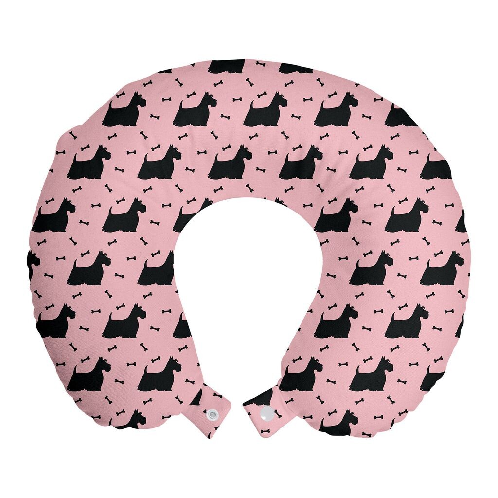 

ABAKUHAUS Scottie Dog Travel Pillow Подушка для шеи, Hairy and Fluffy Puppies, пенопластовые дорожные принадлежности для самолета и автомобиля, 30x30 см, бледно-розовый и черный