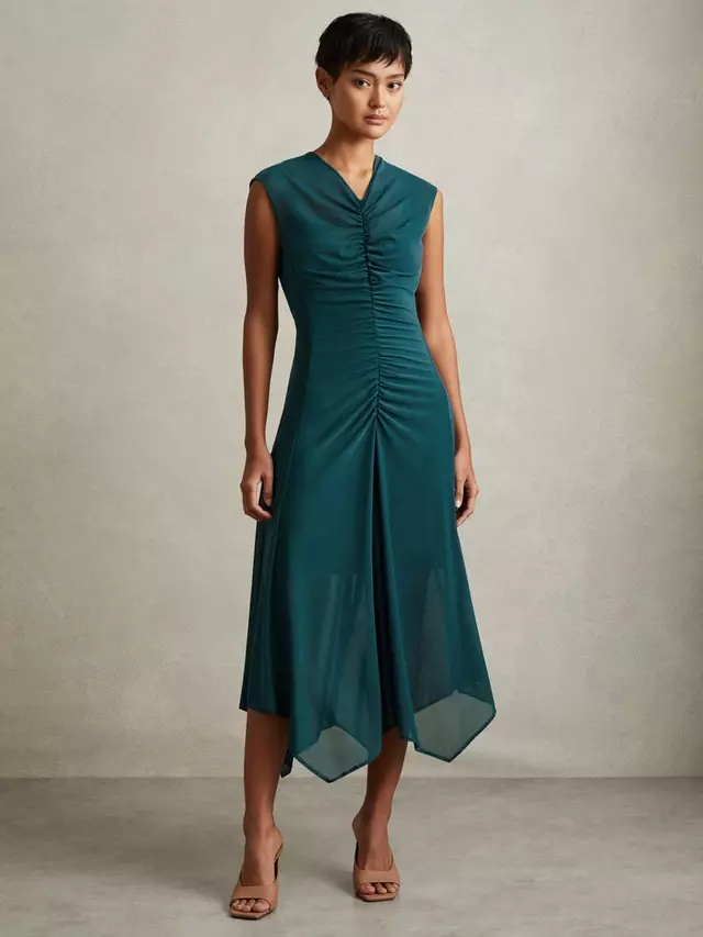 

Платье Reiss Lyra Ruched Hanky Hem Midi, цвет teal